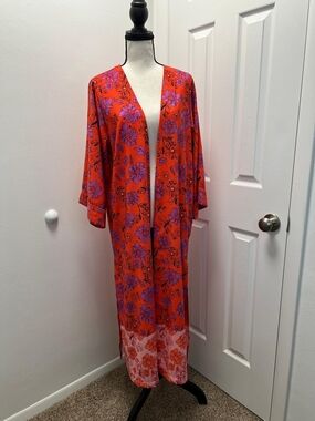 Jessica Simpson Orange and Purple Floral Long Kimono Robe
